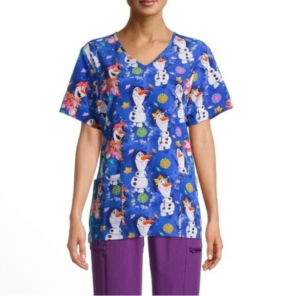 Disney‎ "Olaf Flakes" Women's V-Neck Print Medical Scrub Top Size Medium